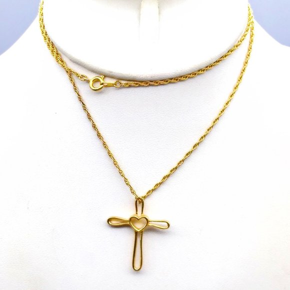 Vintage Open Heart Cross Pendant Necklace, Gold Tone with Sleek Design on Chain - Picture 1 of 5